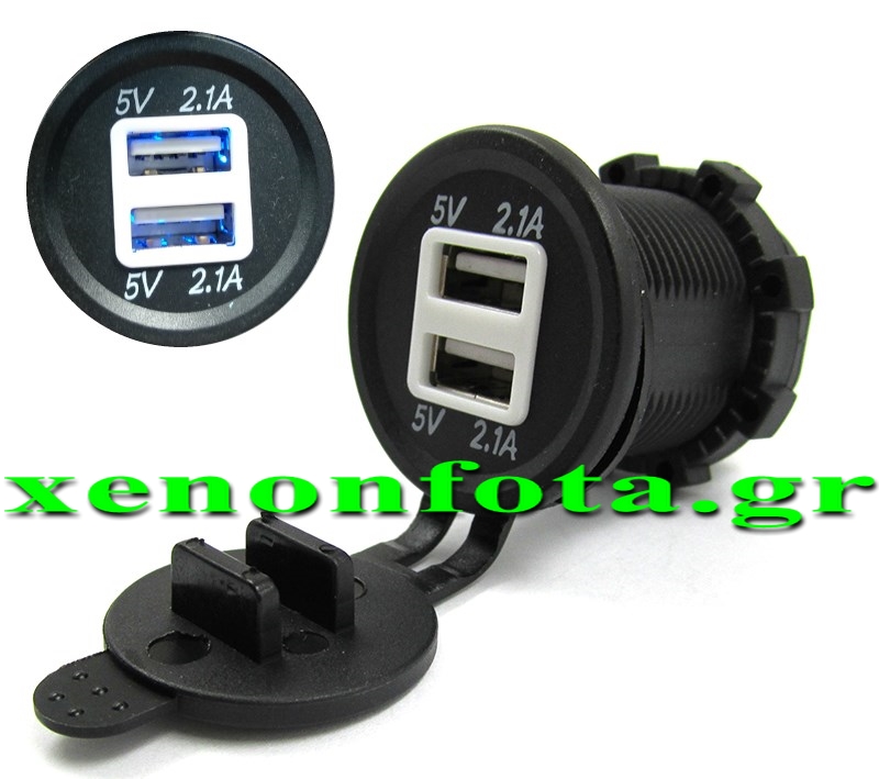 Διπλή θύρα USB 5V 2.1A+2.1A Μπλε φως Κωδικός XF159