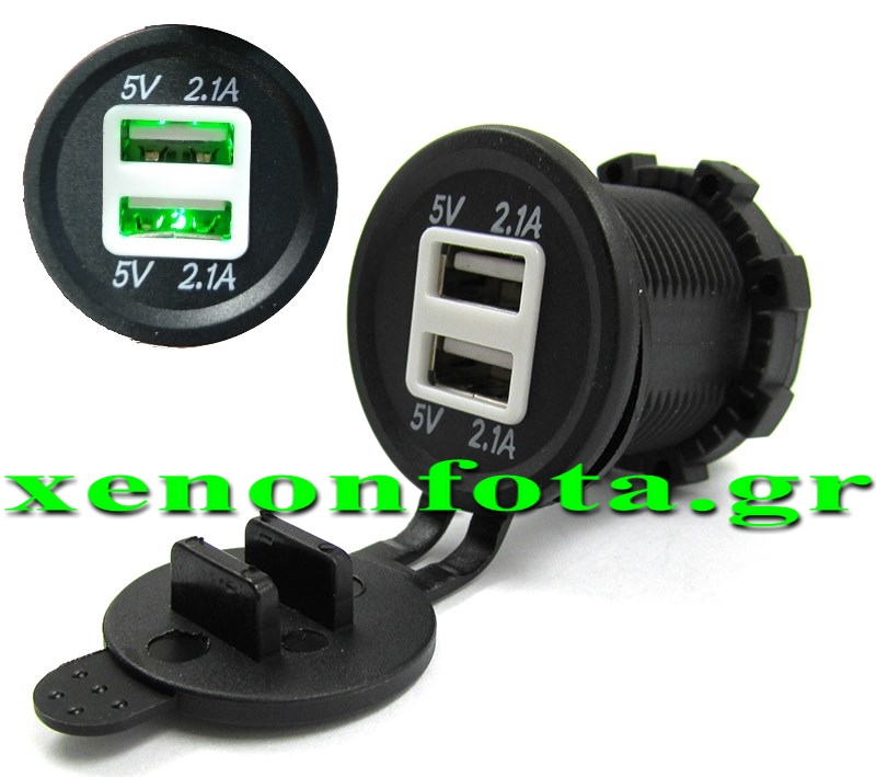 Διπλή θύρα USB 5V 2.1A+2.1A Πράσινο φως Κωδικός XF161