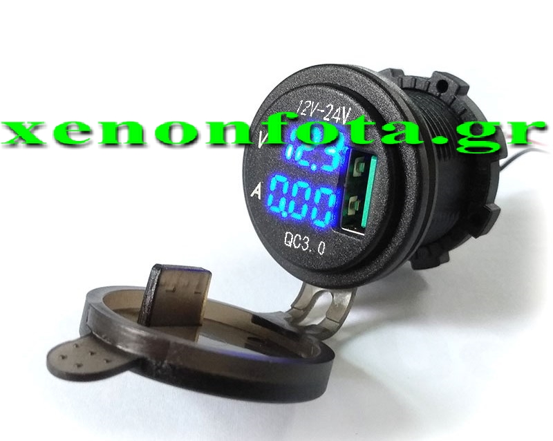 Βολτόμετρο-Αμπερόμετρο 12V-24V με θύρα USB 5V 2.1A Μπλε φωτισμός Κωδικός XF163