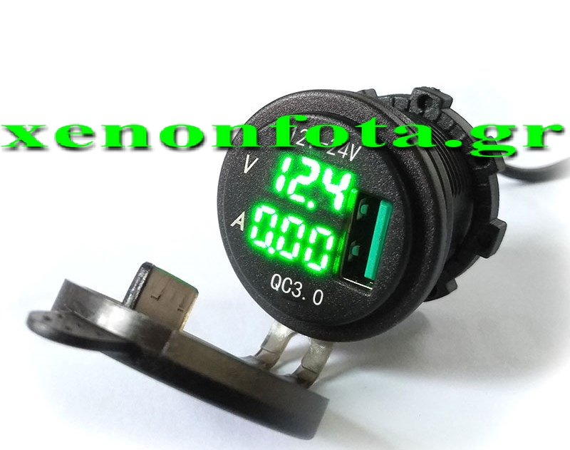 Βολτόμετρο-Αμπερόμετρο 12V-24V με θύρα USB 5V 2.1A Πράσινος φωτισμός Κωδικός XF164