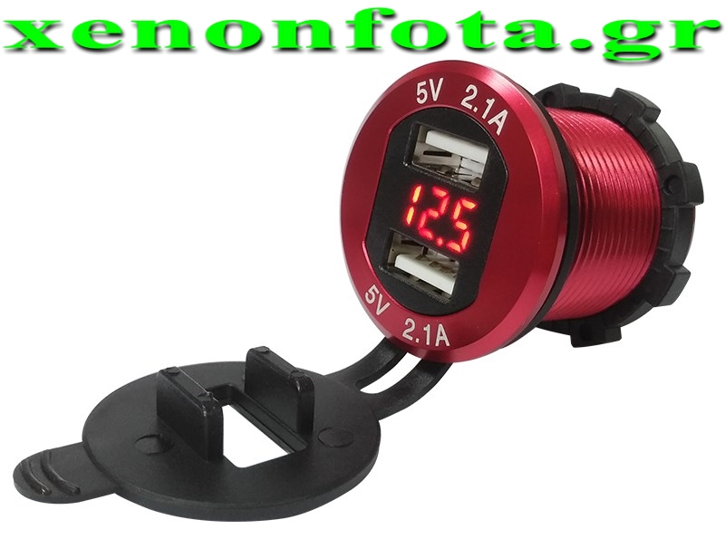 Βολτόμετρο 12V-24V με 2 θύρες USB 5V 2.1A+2.1A Κόκκινο με κόκκινο φωτισμό Κωδικός XF168