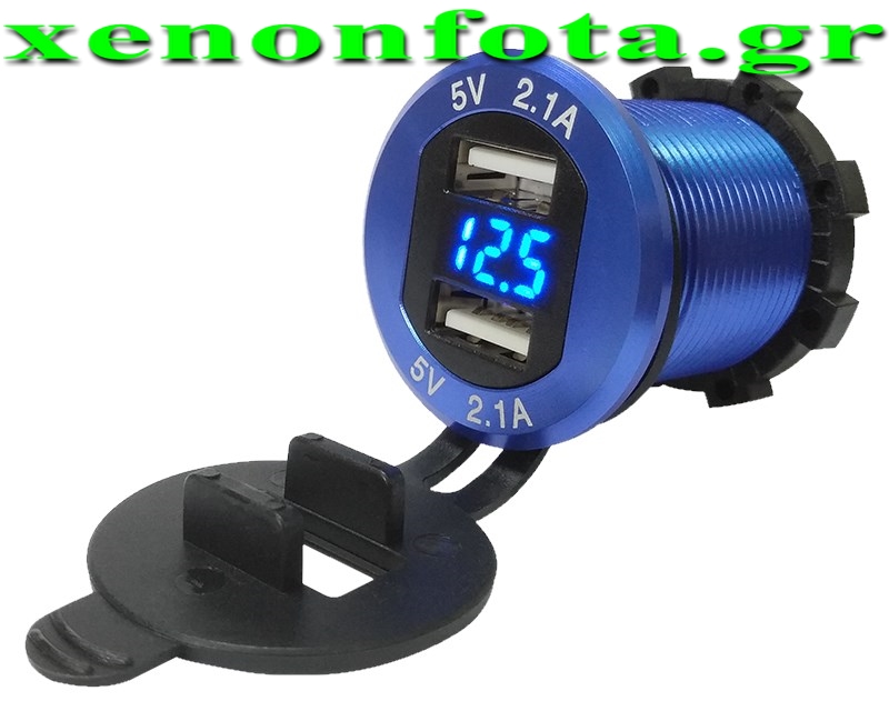 Βολτόμετρο 12V-24V με 2 θύρες USB 5V 2.1A+2.1A Μπλε με μπλε φωτισμό Κωδικός XF169
