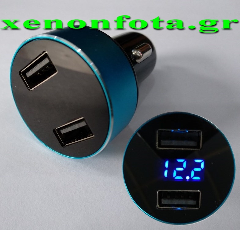 Βολτόμετρο 12V-24V με 2 θύρες USB 1A+2.1A με μπλε δαχτυλίδι και μπλε φωτισμό Κωδικός XF172